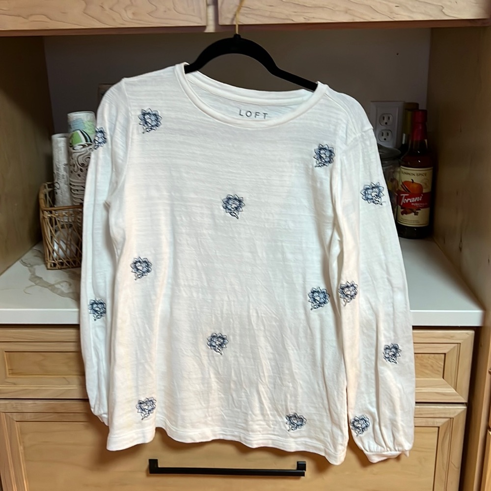 Loft sweater/sweat shirt; blue flower embroidered accent; gathered sleeve; small